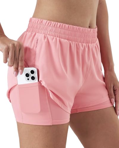 Hanyomo Damen 2-in-1 Laufshorts Yoga Fitness Bodybuilding High Waist Sportshorts mit Innenhose Reißverschlusstaschen Rosa S von Hanyomo