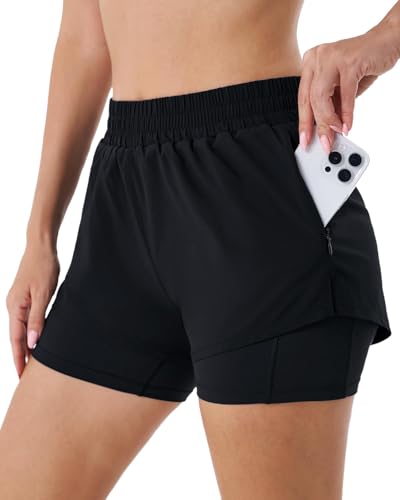 Hanyomo Damen 2-in-1 Laufshorts Yoga Fitness Bodybuilding High Waist Sportshorts mit Innenhose Reißverschlusstaschen Schwarz L von Hanyomo