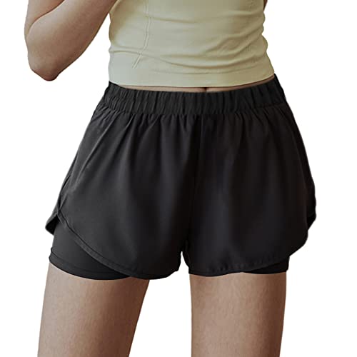 Hanyomo Damen Betrieb Running 2 in 1 Fitness Kurze Hose Trainieren Sportlich Fitnessstudio Yoga Shorts-Liner mit Telefontaschen Color Schwarz Size XL von Hanyomo