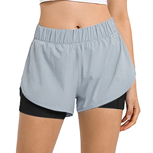 Hanyomo Damen Betrieb Running 2 in 1 Fitness Kurze Hose Trainieren Sportlich Fitnessstudio Yoga Shorts-Liner mit Telefontaschen Grau L von Hanyomo