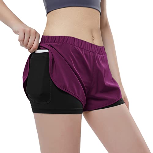 Hanyomo Damen Betrieb Running 2 in 1 Fitness Kurze Hose Trainieren Sportlich Fitnessstudio Yoga Shorts-Liner mit Telefontaschen Violett L von Hanyomo