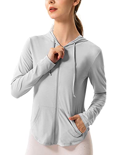 Hanyomo Damen Lange Ärmel UPF 50+ Sonnenschutz Jacke Mit Kapuze Fitness-Shirt mit Taschen YogaDurchgehender Reißverschluss Sportlich Grau S von Hanyomo
