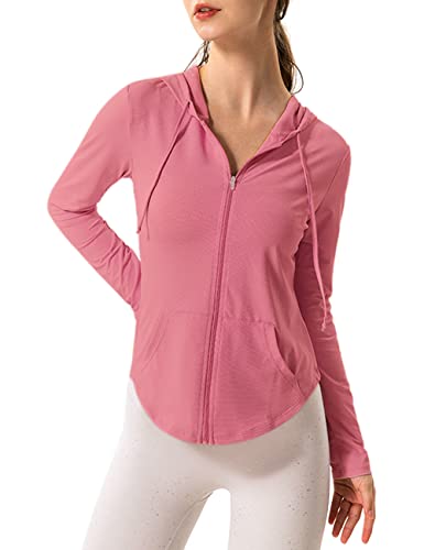 Hanyomo Damen Lange Ärmel UPF 50+ Sonnenschutz Jacke Mit Kapuze Fitness-Shirt mit Taschen YogaDurchgehender Reißverschluss Sportlich Rosa M von Hanyomo