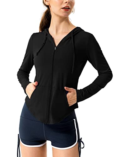 Hanyomo Damen Lange Ärmel UPF 50+ Sonnenschutz Jacke Mit Kapuze Fitness-Shirt mit Taschen YogaDurchgehender Reißverschluss Sportlich Schwarz S von Hanyomo
