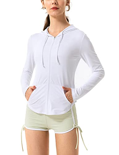 Hanyomo Damen Lange Ärmel UPF 50+ Sonnenschutz Jacke Mit Kapuze Fitness-Shirt mit Taschen YogaDurchgehender Reißverschluss Sportlich Weiß S von Hanyomo