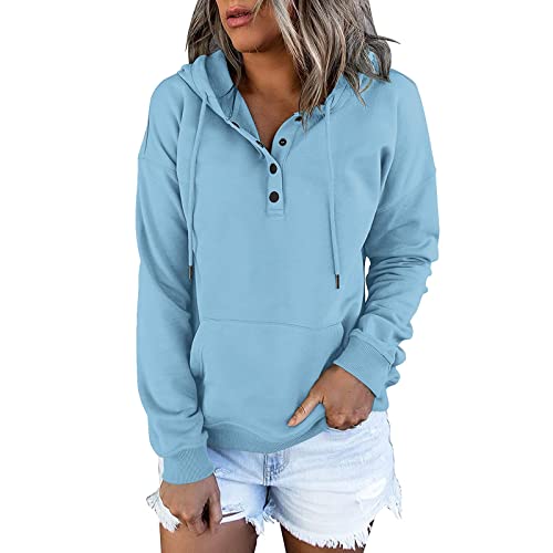 HanzhuoLG Damen Casual Simple Hoodie Herbst Winter Einfarbig Lose Pullover Kapuzen Sweatshirt seeblau L von HanzhuoLG