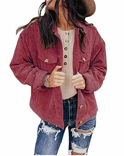 HanzhuoLG Damen Cordjacke Mode Lose Einreiher Einreihig Revers Cordmantel Mit Taschen Weinrot XXL von HanzhuoLG
