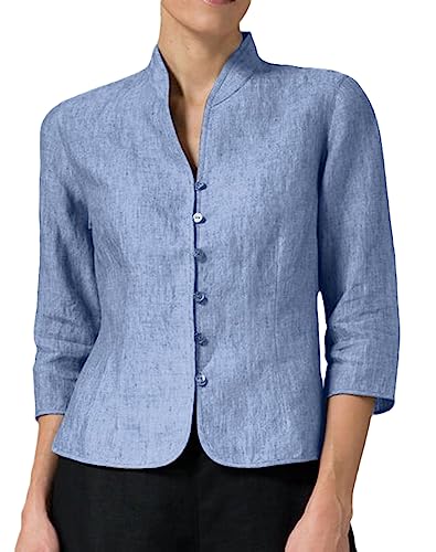HanzhuoLG Damen Retro Baumwolle Leinen Mantel Einfarbig Modischer Stehkragen Slim Fit Blazer Mantel hellblau 5XL von HanzhuoLG