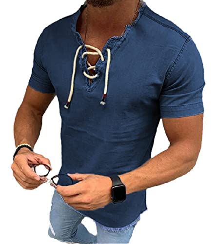 HanzhuoLG Einfarbiges DenimTShirt Für Herren Modisches RetroWesternDenimTShirt Lässiges Tshirt Zum Schnüren Mit Fransen Dunkelblau XL von HanzhuoLG