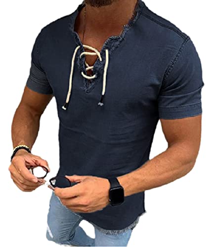 HanzhuoLG Einfarbiges DenimTShirt Für Herren Modisches RetroWesternDenimTShirt Lässiges Tshirt Zum Schnüren Mit Fransen Grau Schwarz XL von HanzhuoLG