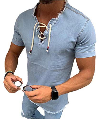 HanzhuoLG Einfarbiges DenimTShirt Für Herren Modisches RetroWesternDenimTShirt Lässiges Tshirt Zum Schnüren Mit Fransen Himmelblau XL von HanzhuoLG