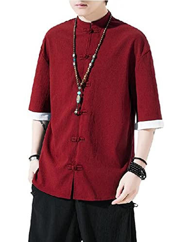 HanzhuoLG Herren Chinesischer TangAnzug Stil Knotenknopf Hemd Mode Lose Stehkragen Kurzarmhemden rot XXL von HanzhuoLG
