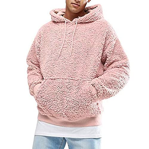 HanzhuoLG Herren Flauschige Plüsch Warme Hoodies Kausal Lose Einfarbige Fleece Warmes Kapuzensweatshirt Rosa XL von HanzhuoLG