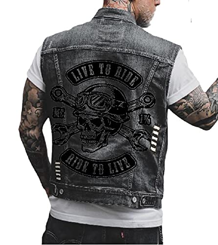 HanzhuoLG Herren Totenkopf Print Weste Street Fashion Ripped Revers Ärmellose Punk Denim Weste schwarz L von HanzhuoLG