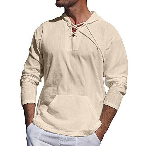 HanzhuoLG Lässige, Einfache LeinenHoodies Für Herren, Einfarbig, Locker, In Übergröße, Mit Öse, Schnürung, Langarm, Kapuzenshirts Khaki M von HanzhuoLG