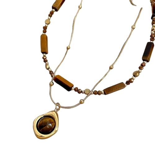 2Pcs Retro Temperament Layered Tiger Eye Stein Anhänger Halskette Für Frauen Mädchen Leichte Luxus Pullover Kette Schmuck Geschenke von Hao Wu Xuan