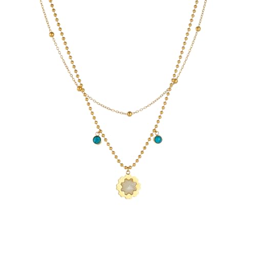 316L Edelstahl Blume Türkis Doppelschicht Halskette Mode Anhänger Mädchen Gold Farbe Kette Halsschmuck Geschenk von Hao Wu Xuan