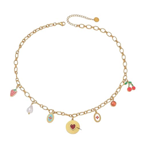 316L Edelstahl Bunte Mode Tropfen Kleber Erdbeere Kirsche Perle Runde Herz Halskette Mädchen Trend Schmuck Geschenk von Hao Wu Xuan
