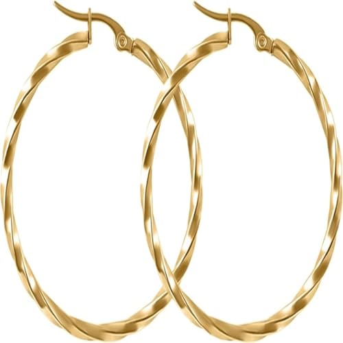 Damen Twisted Twist Hoop Edelstahl Ohrringe Rund Stilvoll Übertriebener Durchmesser 35mm Modische Elegante Ohrringe von Hao Wu Xuan