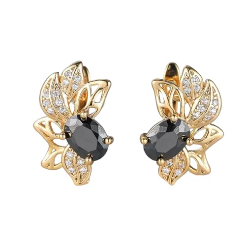 Goldfarbene hohle Blume Creolen mit schwarzem Stein Exquisite Frauen Ohrringe Luxus Brauthochzeit Trendiger Schmuck von Hao Wu Xuan