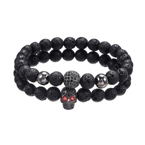 Hao Wu Xuan 2 Teile/Satz Schwarze Totenkopf Armbänder Männliche Lava Stein Perlen Armband Männer Legierung Perlen Charm Armbänder Frauen Punk Stil Männer Armreif von Hao Wu Xuan