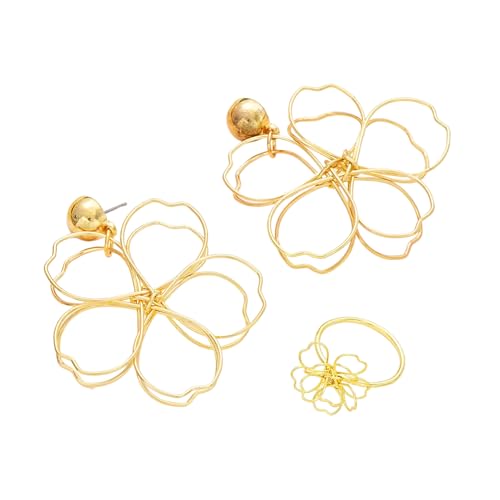 Hao Wu Xuan Elegantes Blumenschmuck-Set für Frauen Schicke Goldfarbe übertriebene Blume Anhänger Ohrring Ring Set Einfache Linie Design Schmuck von Hao Wu Xuan