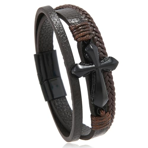 Hao Wu Xuan Herren Kreuz Mehrschichtiges Leder geflochtener Magnetverschluss Punk Armband Einzigartiges Design von Hao Wu Xuan