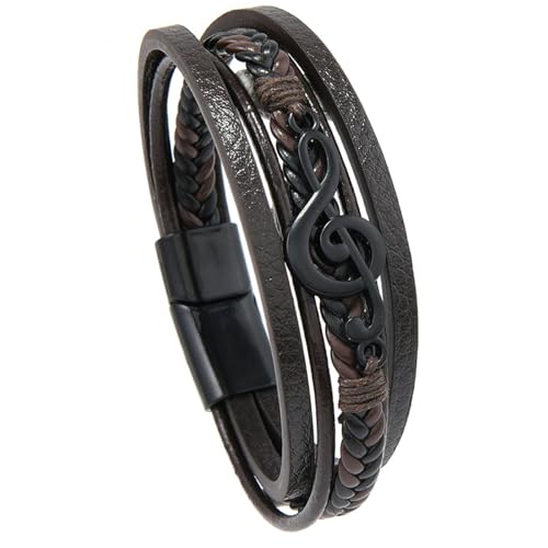 Hao Wu Xuan Herren Vintage Punk Handgemachtes Lederarmband Mehrschichtig Geflochtene schwarze Musiknote Metallverschluss von Hao Wu Xuan