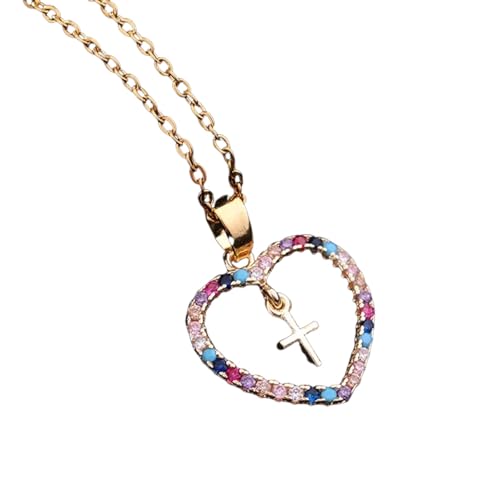 Hao Wu Xuan Klassische Liebe Kreuz Anhänger Exquisite Persönlichkeit Buntes herzförmiges Mädchen Vielseitige Schlüsselbeinkette Glücksgeschenk von Hao Wu Xuan