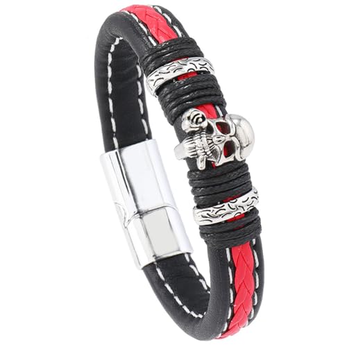 Hao Wu Xuan Leder Cord Armband Legierung Schädel Leder geflochtenes Armband Armreifen Rot Schwarz Herren Magnetverschluss Schmuck von Hao Wu Xuan