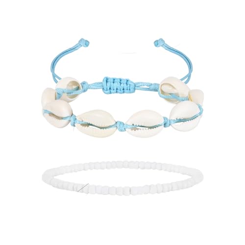 Hao Wu Xuan Mode Zwei Stücke Boho Beach Shell Knöchelarmband, handgemachte geflochtene verstellbare Schnur Muschel Fußkettchen für Frauen Schmuck Sommer von Hao Wu Xuan