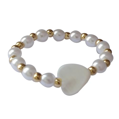 Hao Wu Xuan Schmuck Stretch Ring Süßes koreanisches Temperament Simlated Perlen Gold Farbe Perlen Weiß Herz Ring für Frauen Finger von Hao Wu Xuan