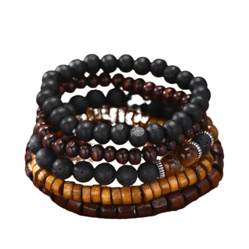 Hao Wu Xuan Schwarzer Gallstein Vulkanstein Holz Perlen Mehrschichtiges Herren Kombination Elastisches Armband für Paar Freunde Schmuck von Hao Wu Xuan