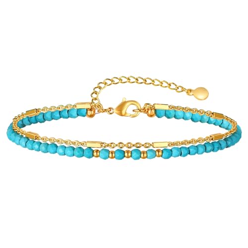 Hao Wu Xuan Türkis Armband für Frauen, Doppelkette rundes Perlenarmband, Anlaufen frei vergoldetes Schmuckgeschenk von Hao Wu Xuan