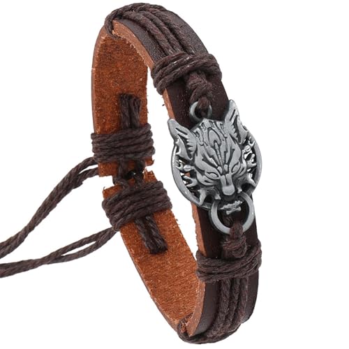 Hao Wu Xuan Vintage Geflochtenes gewebtes Seil Leder Unisex Armband Legierung Wolf Kopf für Frauen Mann Modeschmuck von Hao Wu Xuan