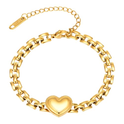 Hao Wu Xuan Wasserdichte Herz-Ketten-Armbänder für Frauen, vergoldeter Edelstahl verstellbarer Gliederschmuck von Hao Wu Xuan