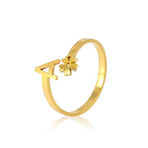 Hao Wu Xuan Winzige Anfangsbuchstaben Ringe für Frauen Edelstahl Blume Alphabet Finger verstellbar A-Z Ring Boho Ästhetischer Schmuck Gif von Hao Wu Xuan