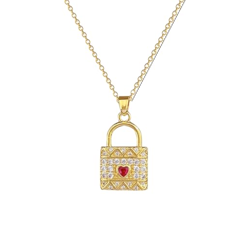Hao Wu Xuan Wunderschönes rotes Herzschloss funkelnde kubische Anhänger Frauen vielseitige Gold Edelstahl Kette Schmuck Gedenkgeschenk von Hao Wu Xuan