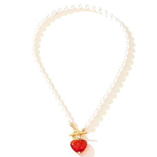 Imitation Ovale Perle Kette Rotes Herz Anhänger Halskette Für Frauen Modeschmuck Klassischer Stil Tägliche Kleidung Accessoires 537 von Hao Wu Xuan