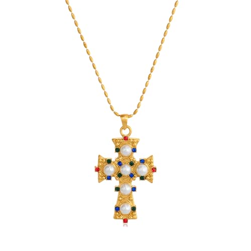 Kirchenkreuz bunte Zirkon Glück Halskette Perlenkette Sommer Pvd vergoldet Edelstahl Frauen Schmuck von Hao Wu Xuan