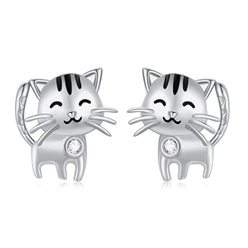Kreative Katzenform Frauen Ohrstecker Silberfarbe Weiß CZ Zarte Tier Haustier Ohrringe Freunde Geschenk Statement Schmuck von Hao Wu Xuan