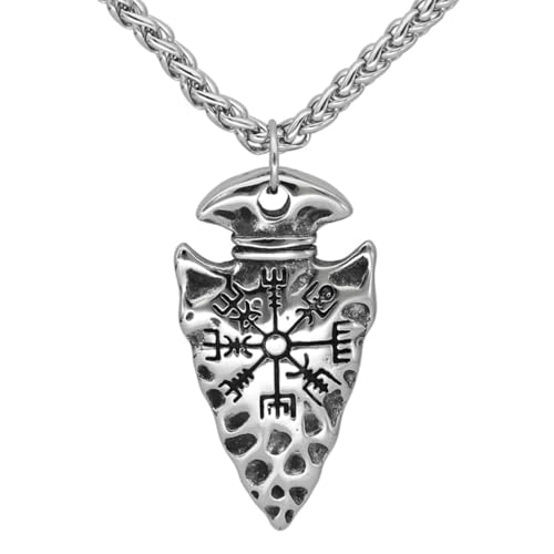Männer Wikinger Speer Kompass Halsketten Nordische Runen Amulett Helm der Ehrfurcht Anhänger Edelstahl/echtes Leder Kette Schmuck von Hao Wu Xuan