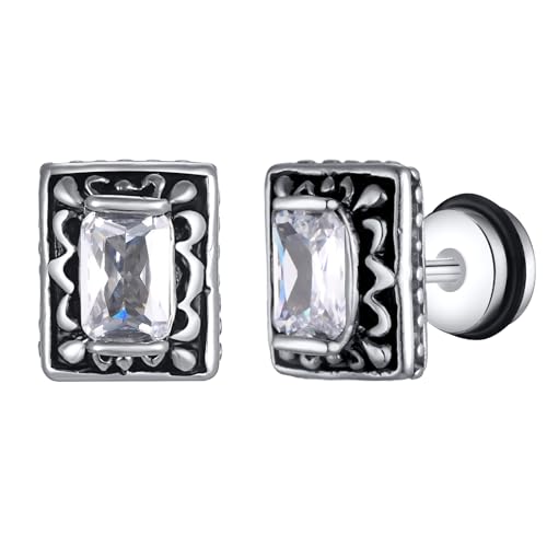 Prjewel Vintage Edelstahl Ohrstecker mit quadratischem CZ Stein eingelegt Herren Jungen geometrische Ohrringe Retro Ohrschmuck von Hao Wu Xuan