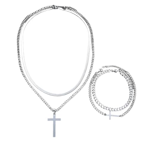 Punk Edelstahl Kreuz Anhänger Halskette Armband Sets Einfache Silberfarbe Schmuck Set für Männer Unisex Hip Hop Schmuck von Hao Wu Xuan