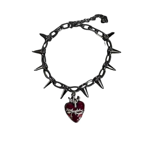 Rotes Herz Anhänger Halskette Hip Hop Punk Gothic Niete Stacheln Kette Grunge Schmuck Geschenke Choker Halskette Männer Frauen von Hao Wu Xuan