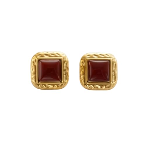 Vergoldete Vintage Rot Schwarz Naturstein Quadratische Ohrringe Einzigartiger hypoallergener Edelstahlrock Schmuck von Hao Wu Xuan