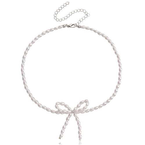 Vintage Weiß Simulierte Perle Bowknot Anhänger Halskette für Frauen Elegante Schleife Perlen Kette Choker Ästhetisches Schmuck Geschenk von Hao Wu Xuan