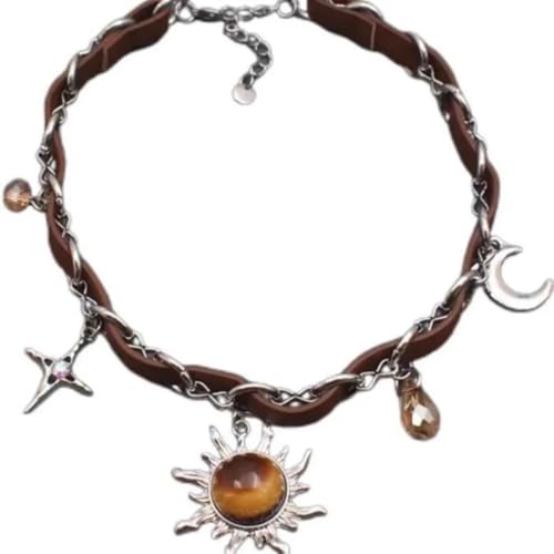 Y2K Braun Opal Sonne Anhänger Halskette für Männer Frauen Hip Hop Kristall Kreuz Leder Patchwork Halskette Grunge Party Modeschmuck von Hao Wu Xuan