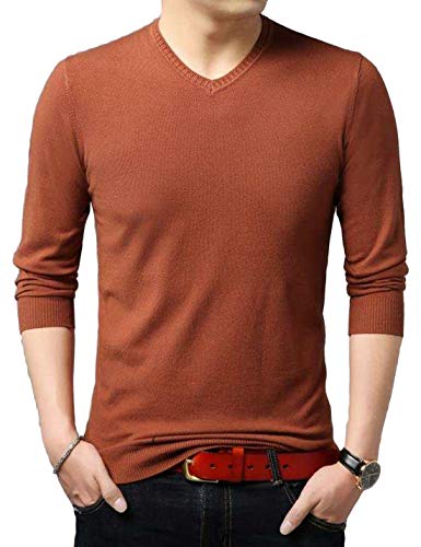 HaoMay Herren Slim Fit V Ausschnitt Pullover Kaschmir Strickpullover Pullover, Rostrot, X-Klein von HaoMay