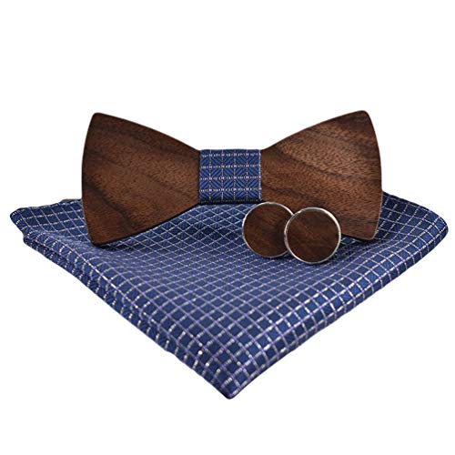 Haobing Mens Fliege Einstecktuch Manschettenknöpfe Krawatte Set, Hochzeit Holz Krawatte mit verstellbarem Riemen (12 * 5.4cm, Blau#1) von Haobing